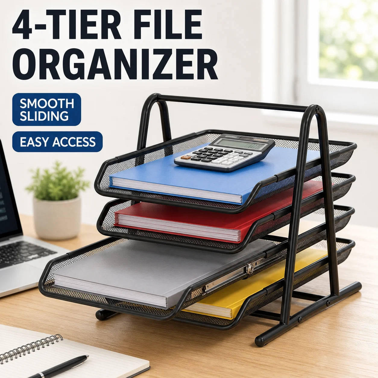 Sliding Paper Tray Organizer Metal Mesh Desktop File Storage Rack Document Letter Holder for Office Home School Classroom