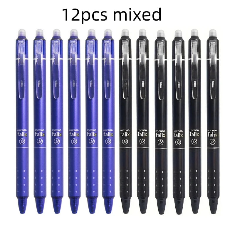 12pcs Press Type Erasable Gel Pens 0.5mm Black/Blue Ink Bullet Washable Handle Magic Refills Rod Super Capacity Ink Writing