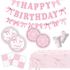 Pink bow Birthday Disposable Tableware Set Paper Plates Cups Napkins Girls Party Decoration Supplies