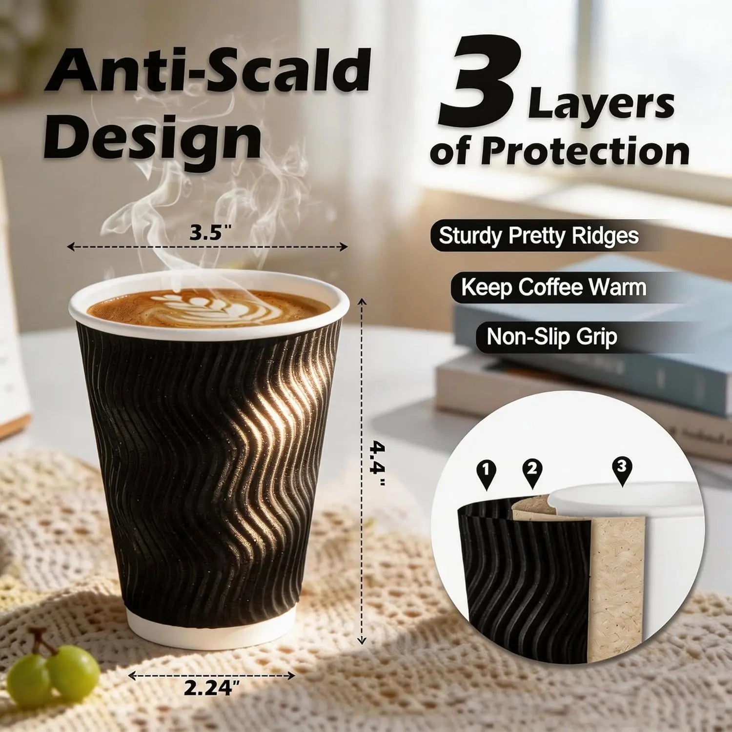 Black Rippled Double Wall Paper Cups, Disposable Coffee Cups, Paper Cups for Christmas Party and Daily [With Lids]
