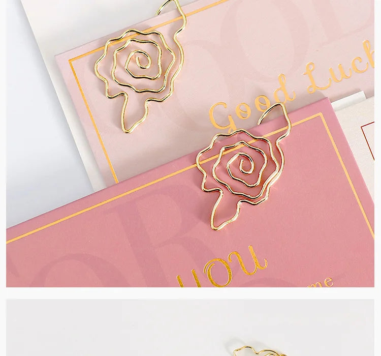 10pcs Gold Rose Flower Paper Clip Wholesale Metal Diy Flower Planner Stationery Supplies Bookmark Gift Shaped Paper Clips