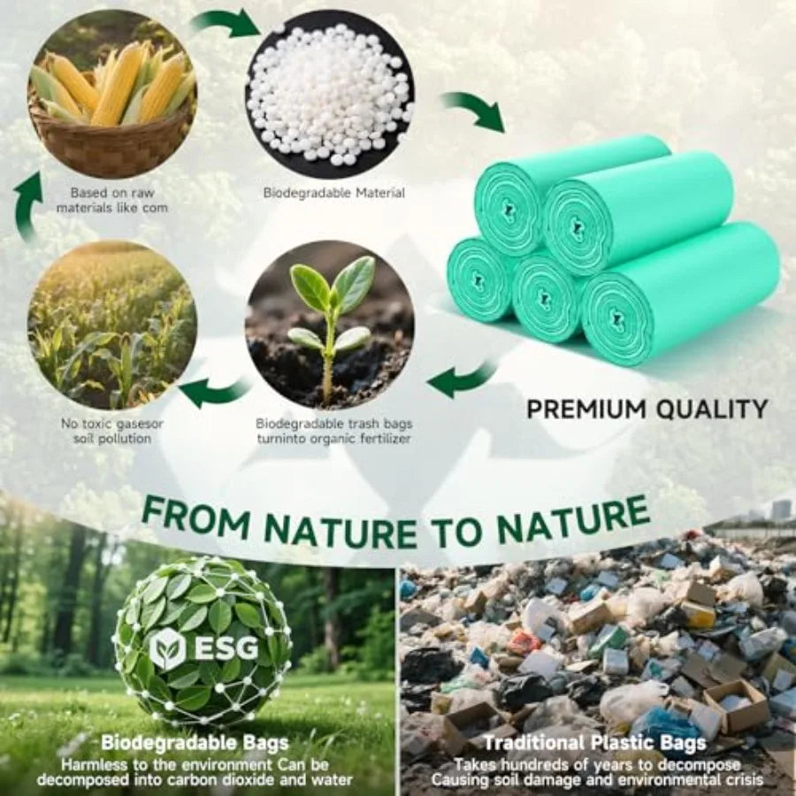 2 Gallon Mini Green Trash Bag - Small Garbage Bags For Bathroom Can 100 Count 7.5 L Unscented Compostable Biodegradable Tiny Li