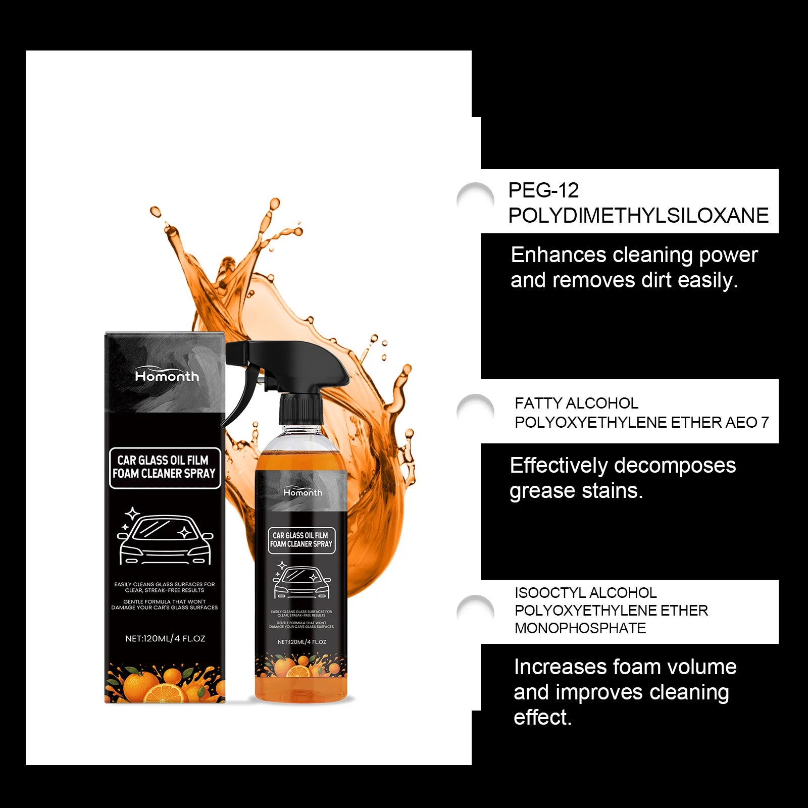 Car Glass Oil Film Cleaner Spray Glass Car Window Stain Remover Cleaning Agent Brightening Agent Quickly Cleans Removes Oil Film