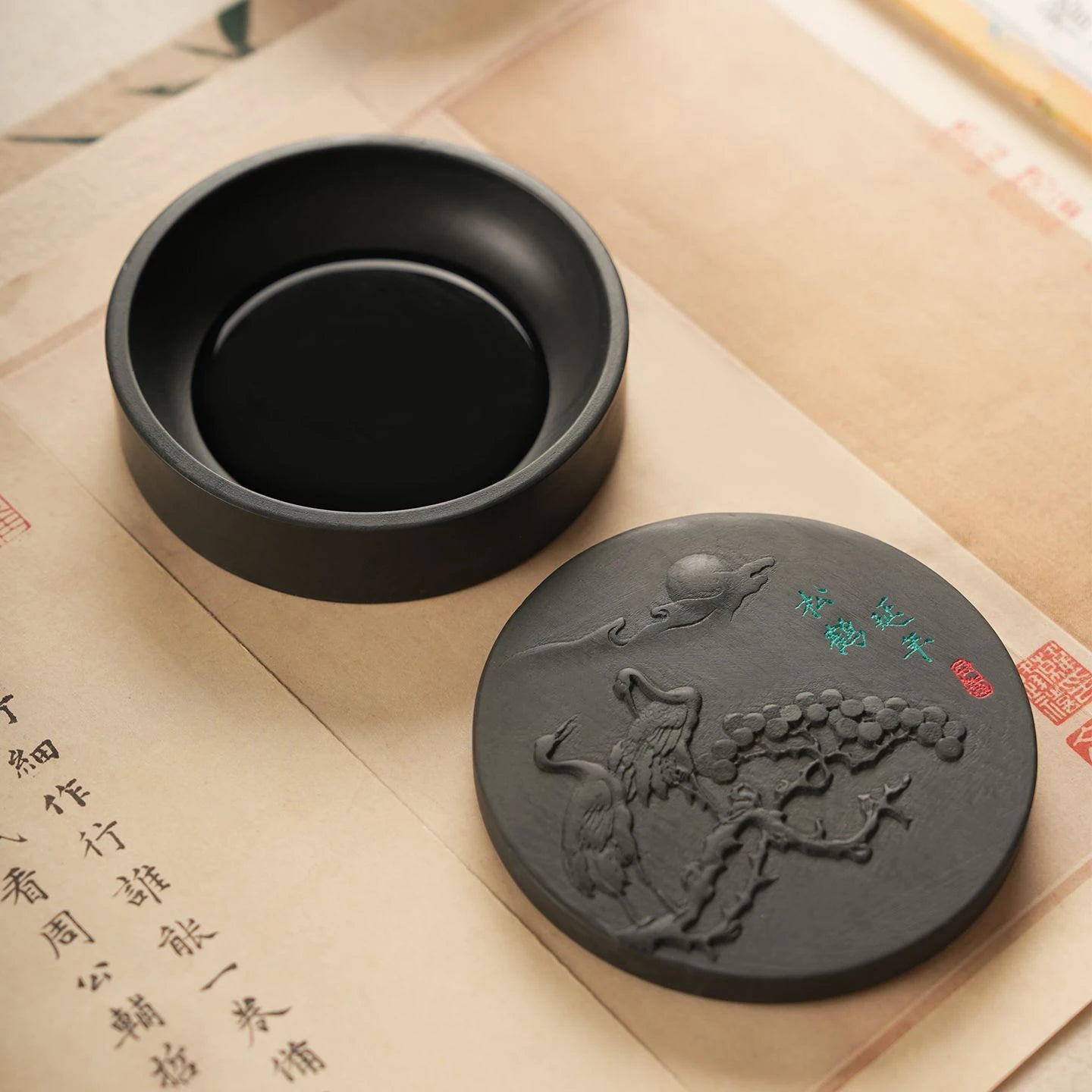 Chinese She Inkstone Inkslab for Calligraphy Ink stone student Inkwell with cover Ink Well Grinding Ink-well