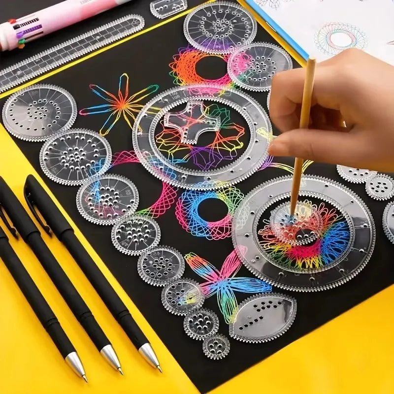 22-Pc Gear Drawing Ruler Set for Intricate Designs on Black Paper, with Stencils & Marker, Durable PC