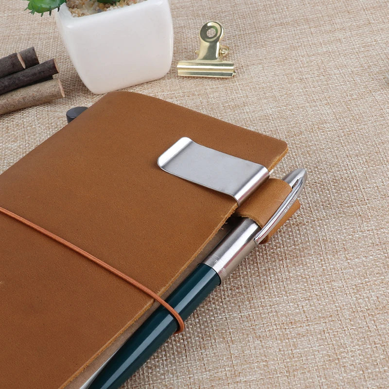 Brass Leather Pen Clip Stainless Steel Cowhide for Traveler's Notebook - Genunine Leather & Metal Notebook Accessory