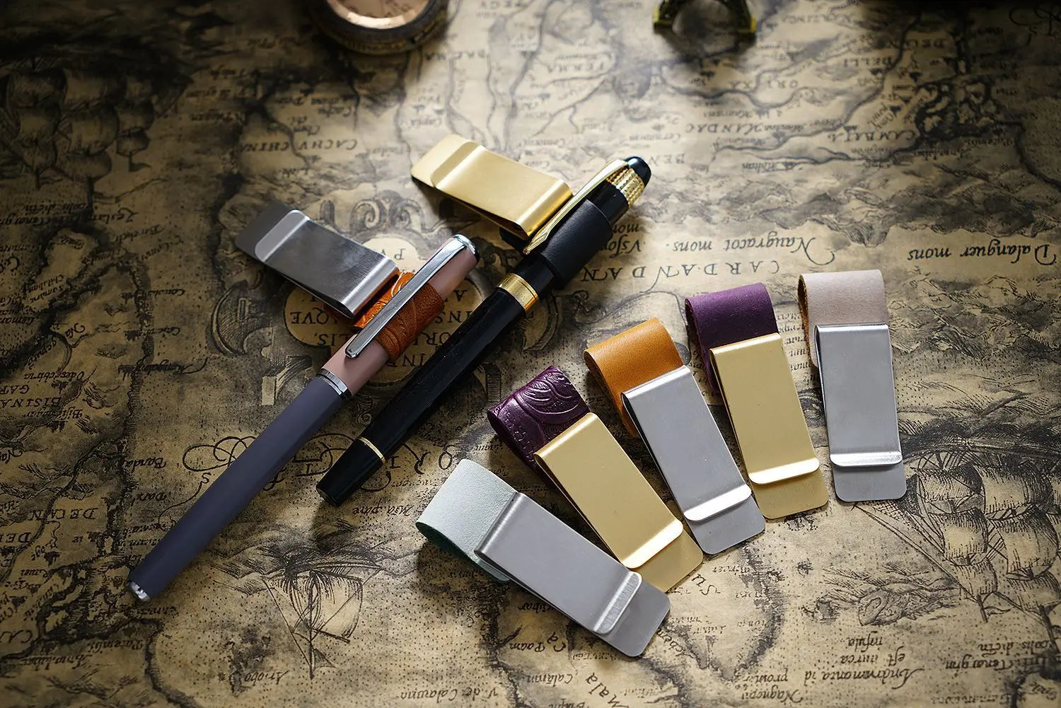 Brass Leather Pen Clip Stainless Steel Cowhide for Traveler's Notebook - Genunine Leather & Metal Notebook Accessory