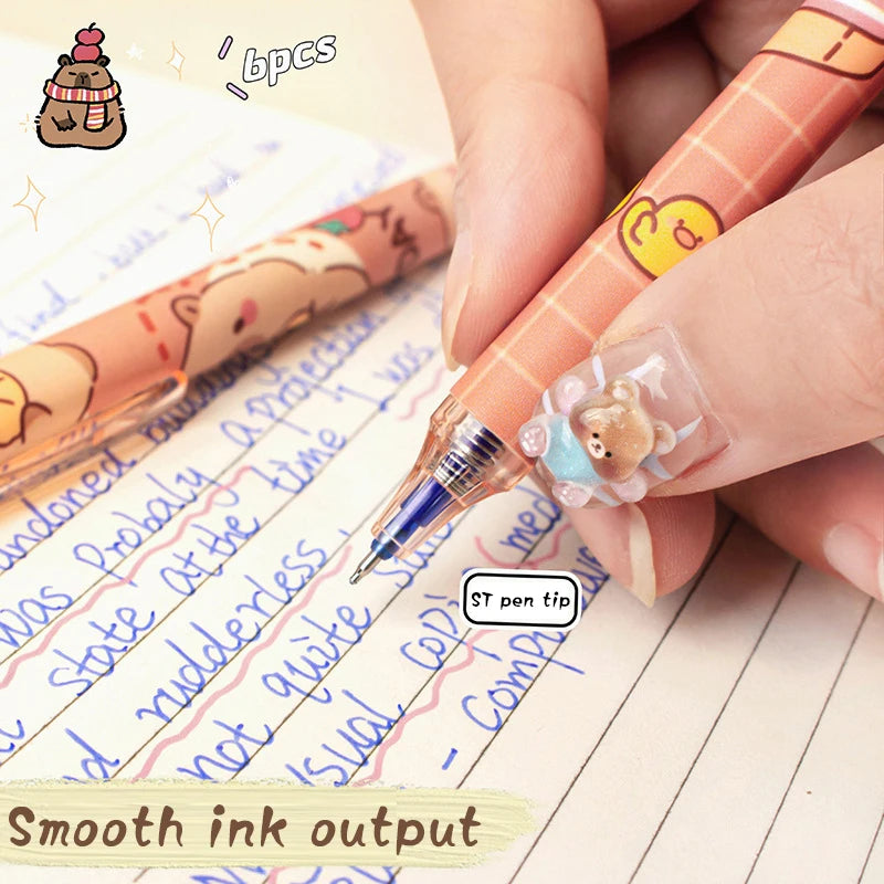 6Pcs Cute Capybara Gel Pen Set Kawaii Quick Drying Erasable Blue Ink Pens For School Office Stationery Supplies
