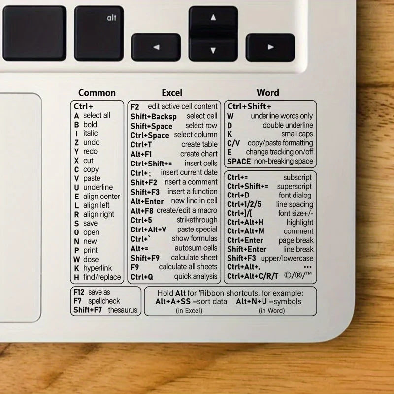 1 Set Vinyl Self-adhesive Keyboard Shortcut Stickers | Quick Reference for Windows, Excel and Word, Office Software