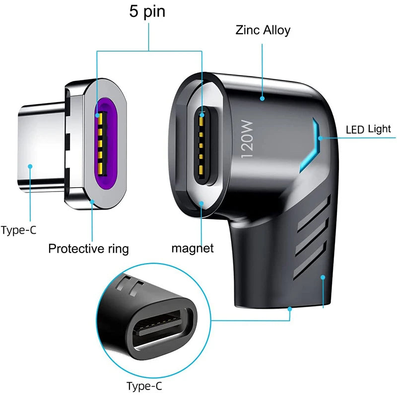 PD 120W Usb C To Type C Magnetic Adapter Fast Charging Magnetic Converter Cable USB C Connector for Macbook IPad Switch Samsung