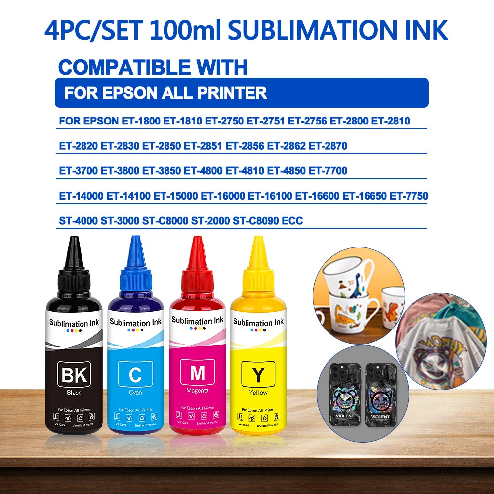 100ml Sublimation Ink 4 Colors/Set for Epson All Printer ET-3700 ET-3800 ET-3850 ET-4800 ET-4810 ET-4850 ET-7700 Printer Ink
