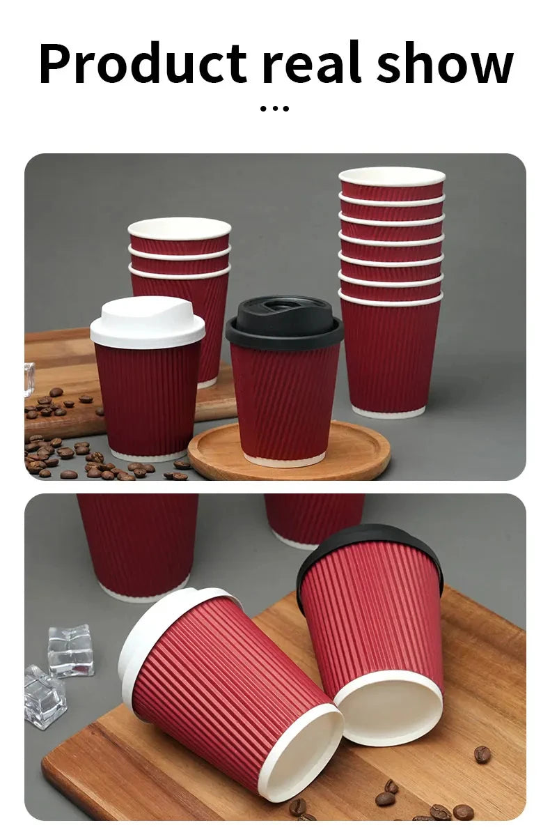 Red Corrugated Disposable Coffee Cups Heat Insulation Cups with Straw for Hot Beverage Ideal for Party Christmas New Year Supply