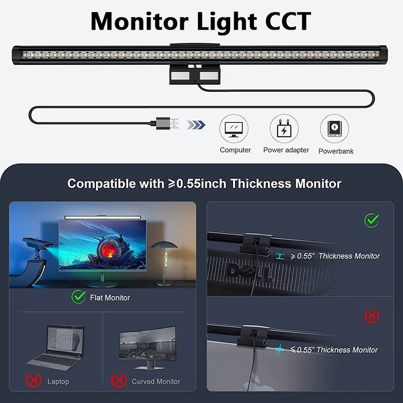 Wiscolor Computer Monitor LED Screen Hanging Light Bar Remote Control Stepless Dimming Eyescare USB Lightbar Reading Desk Lamp