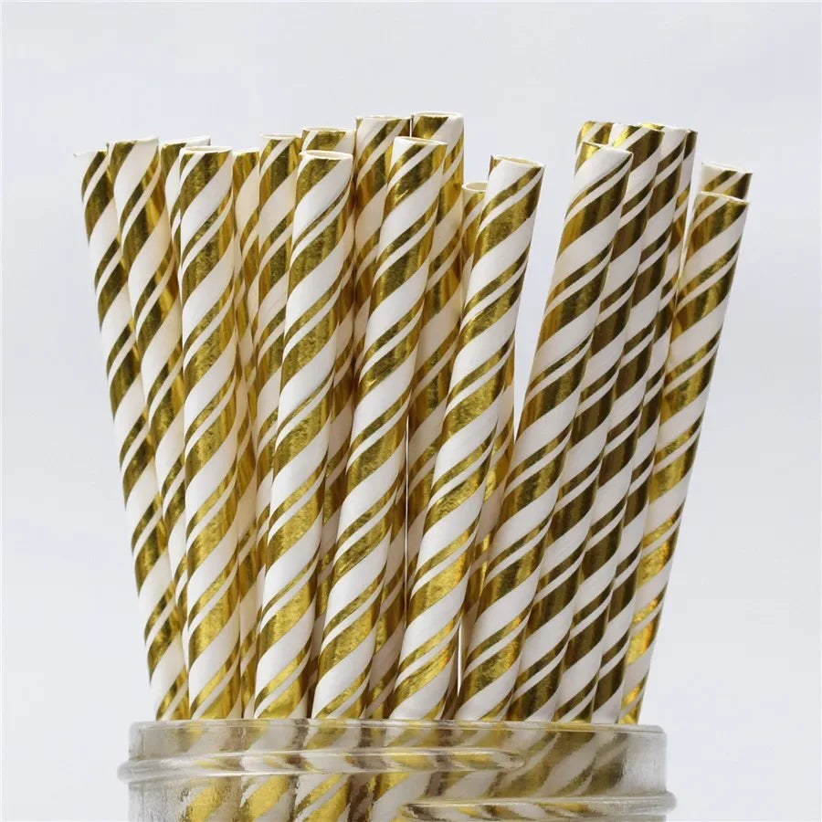 Gold and White Disposable Tableware Set with Paper Plates, Straws, and Cups, Perfect for Birthdays, Weddings, Baby Showers