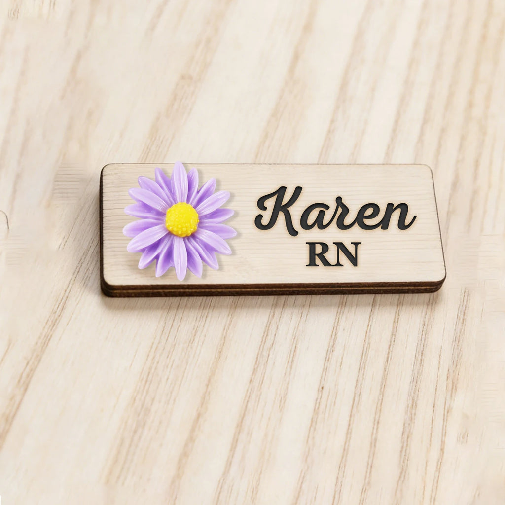Personalized 3D Chrysanthemum Wooden Name Tag Badge with Magnetic or Pin Backing, Daisy Flower Nurse Teacher Doctor Name Tag,