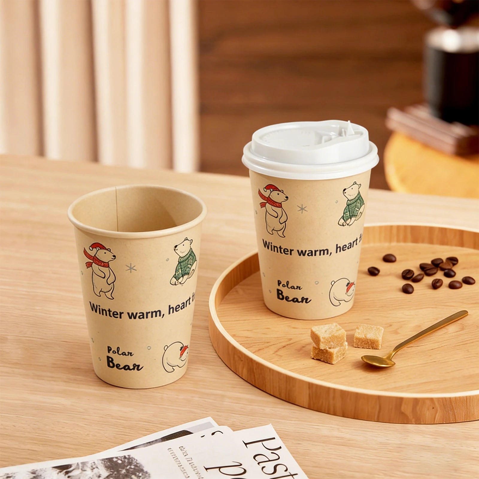 Polar Bear Patterned Disposable Paper Cups Bamboo Pulp Panda Cat Paper Cup Animal Print Coffee Cups with Lid for Home Party Use