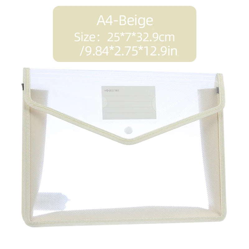 1Pcs Transparent A4 Waterproof File Folder with Press Button Plastic Document Bag for Data Storage Office Supplies