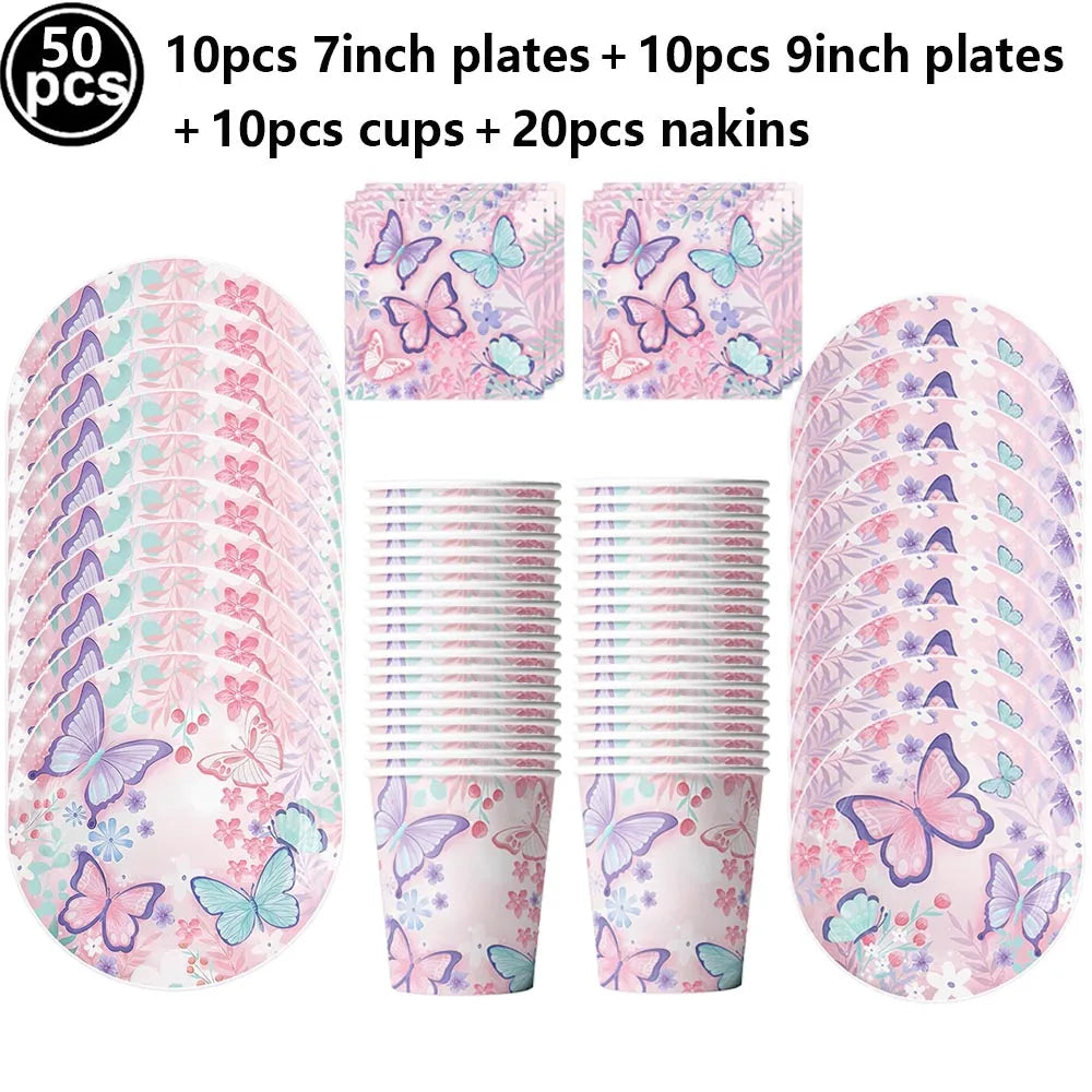 Butterfly Birthday Party Decoration Disposable Party Plates Cup Napkin Tablecloth Butterfly Knìfe Birthday Decoration Baby Showe