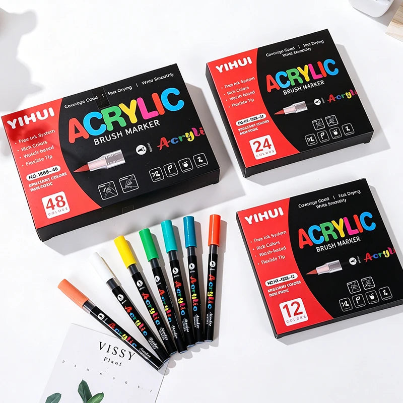 48 Colors Soft Brush Tip Acrylic Markers Pen Set, Paint Pens for Rock, Wood, Fabric, Glass, DIY Crafts, Waterproof Paint Markers