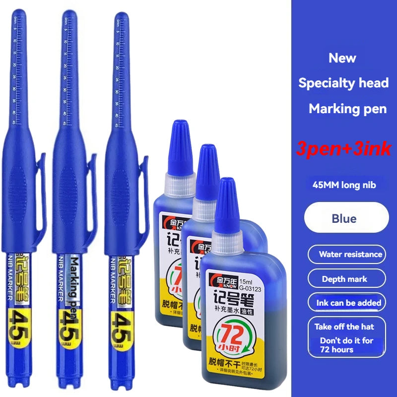 1-12 PCS 45mm Tip Waterproof Long Head Marker Pen Quick-Dry Ink for Woodworking Construction, Deep Hole White Black Red Blue