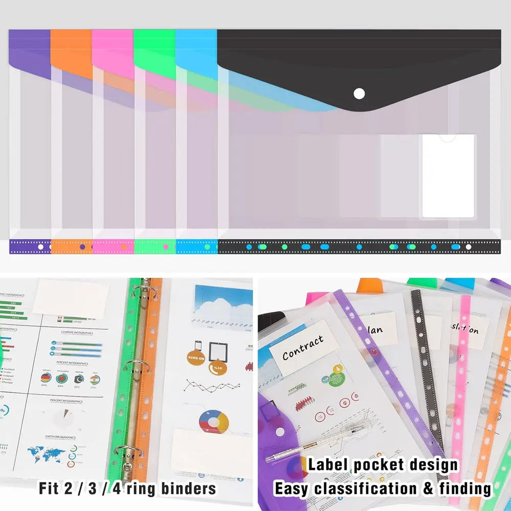 12pcs Six-Color File Organizer, 11-Hole Plastic Expanding Folder for 2/3/4 Ring Binders with Snap Closures and Blank Labels.