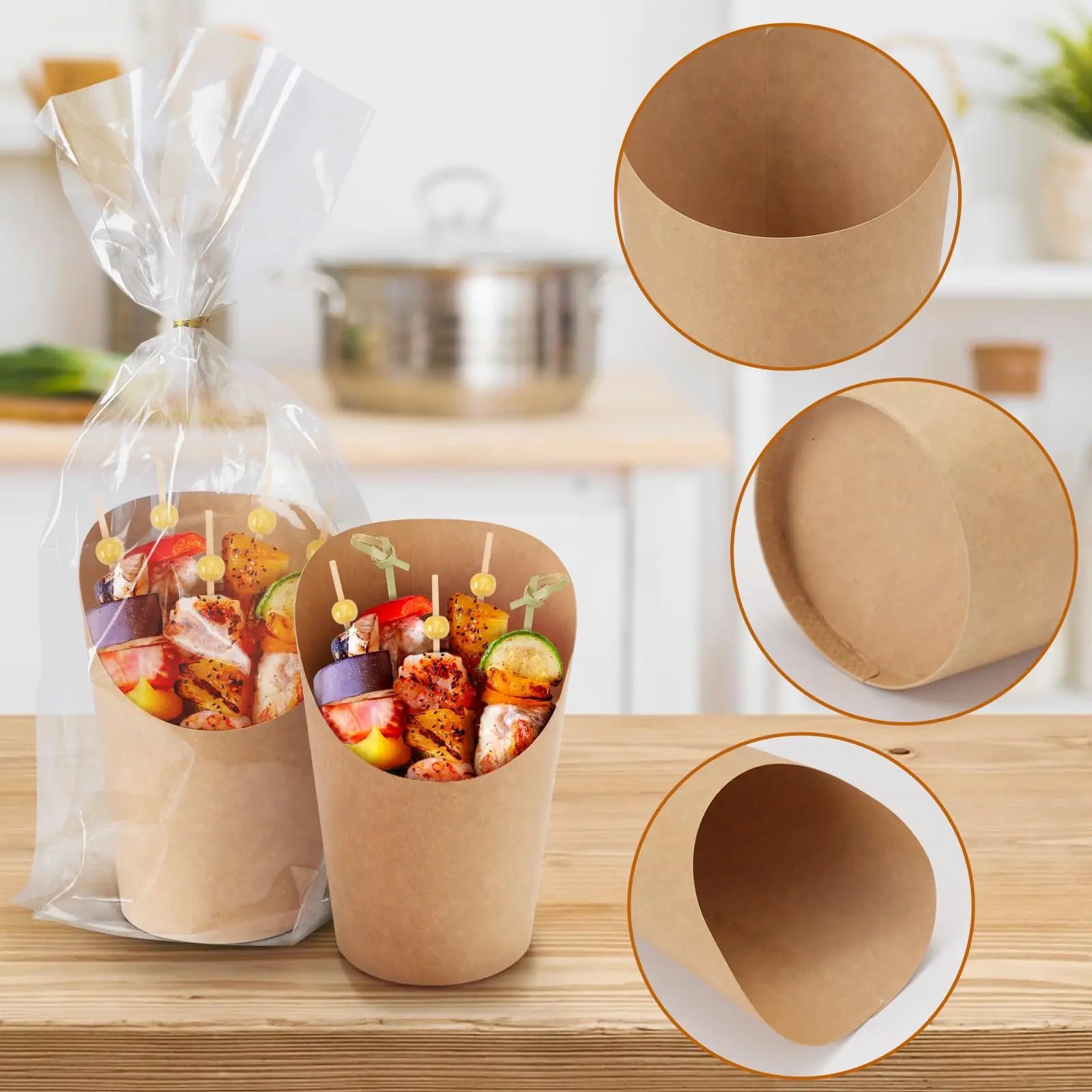 Individual Disposable Charcuterie Cups with Sticks Portable Bags Cocktail Skewers 16oz Brown Paper Appetizer Cups for French Fry