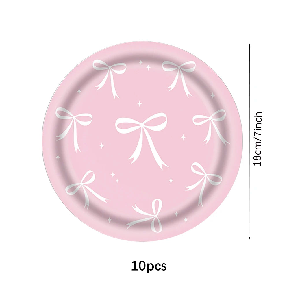 Pink bow Birthday Disposable Tableware Set Paper Plates Cups Napkins Girls Party Decoration Supplies
