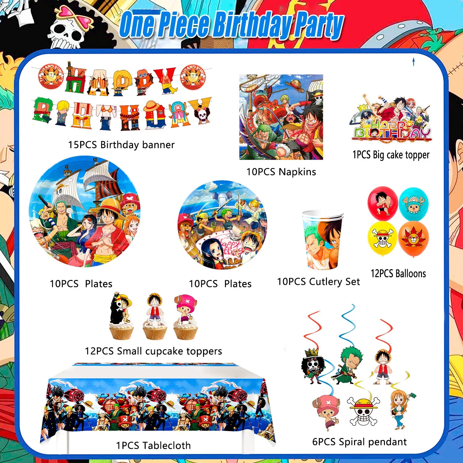 117 Pcs One Piece Party Supplies-One Piece Party Banner Balloons Cake Topper Plates Etc One Piece Birthday Party Decorations