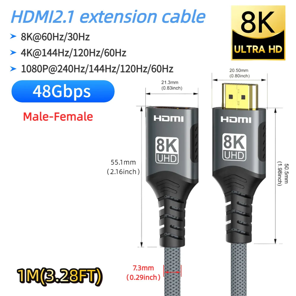 HDMI-compatible Extension Cable 1m 2m Male To Female 8K 60Hz 4K 120Hz HDMI2.1 Extender Cord Connector for PC TV Projector