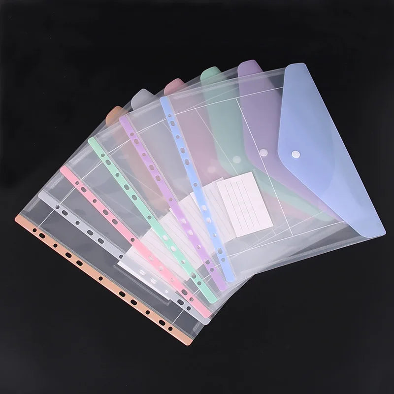 11-hole Loose-leaf File Bag, Transparent 3-hole Folder+6pcs Binder Pockets Document Pouch for Office and School Supply