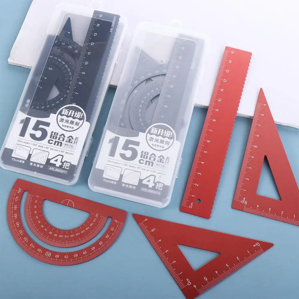 4Pcs/Set Aluminium Ruler Set Metal/Plastic/Soft Geometry Maths Drawing Compass Stationery Rulers Mathematical for School