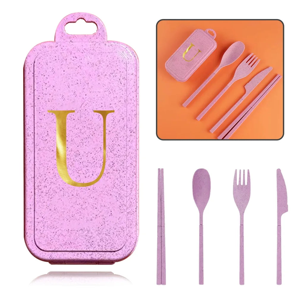 4Pcs Removable And Reusable Dinnerware Sets Spoon Knife Fork Chopsticks Organizer Case Tableware With Storage Box Letter Pattern