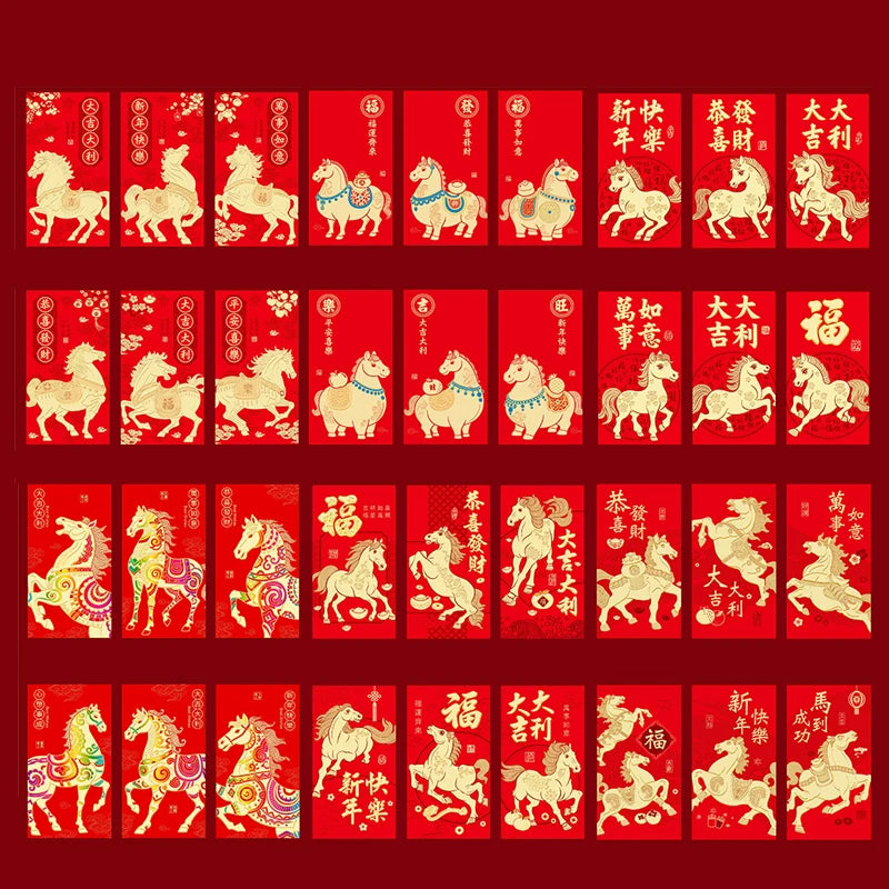 12-Pack 2026 Year of the Horse Chinese New Year Lucky Money Envelopes, Cartoon Red Packet for Spring Festival