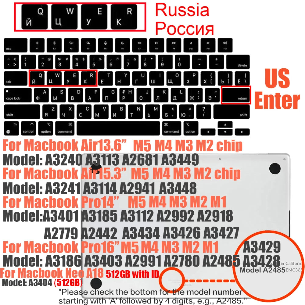 Multi-Language Keyboard Protector Compatible with for MacBook Air/Pro M5-M4 A2779,A3434,A3241 | Arabic, FR, RU, ES, IT Layouts