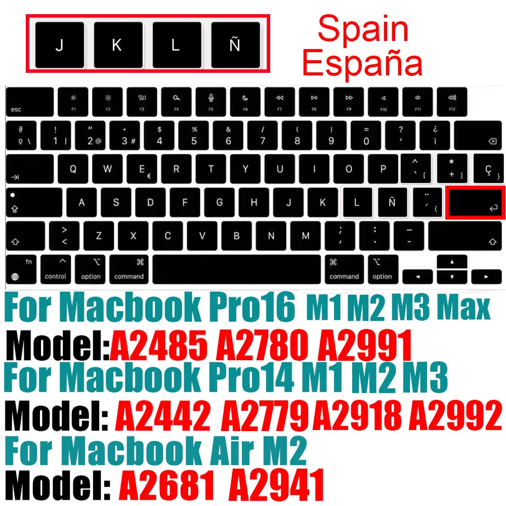 Spanish Keyboard Cover for MacBook Air 13.6 15.3 inch A2681 A2941 A2337 M3 M2 M1 Pro14" 16" A2442 A2779 A2918 A2992 A2485 A2991