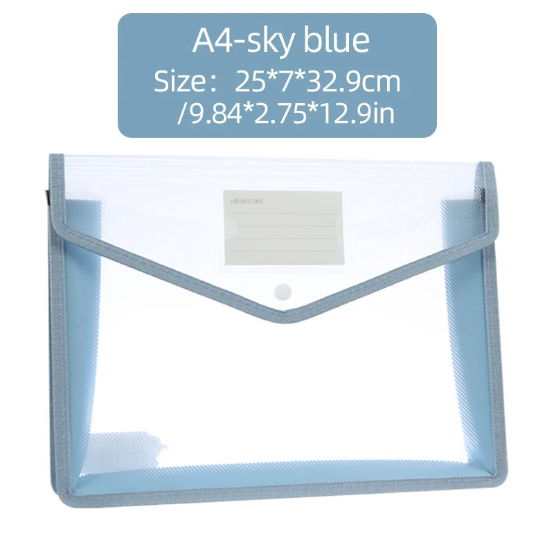 1Pcs Transparent A4 Waterproof File Folder with Press Button Plastic Document Bag for Data Storage Office Supplies