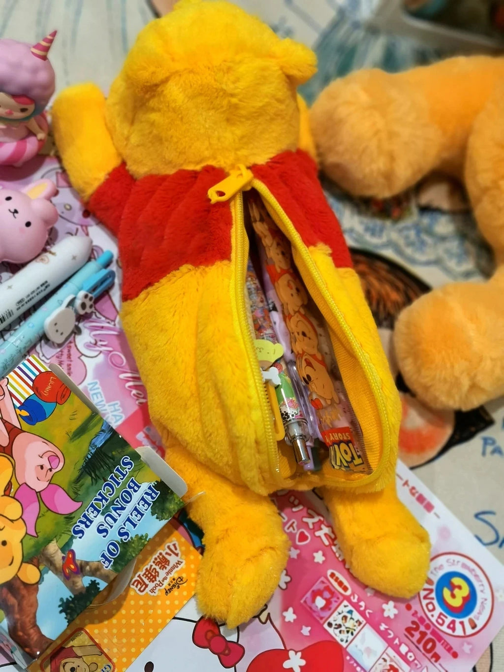 Cute Winnie the Pooh x Stitch Plush Doll Pen Bag, Large Capacity Student Stationery Pouch, Cartoon Pencil Case for School Gift