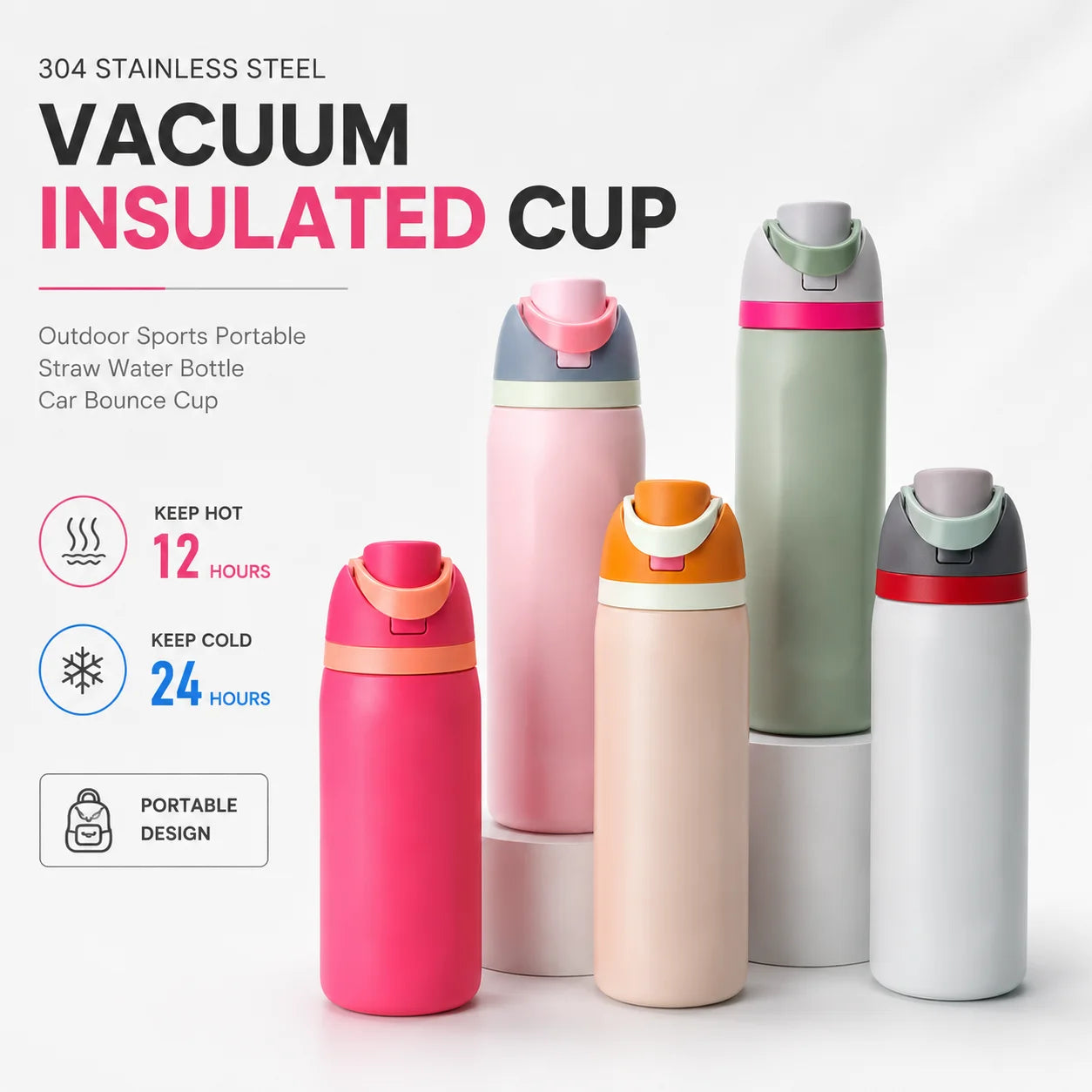 480/710ml Thermos Cup 304 Stainless Steel Straw/Direct Drinking Water Bottle One-touch Open Vacuum Mug for Outdoor,Car,Daily Use