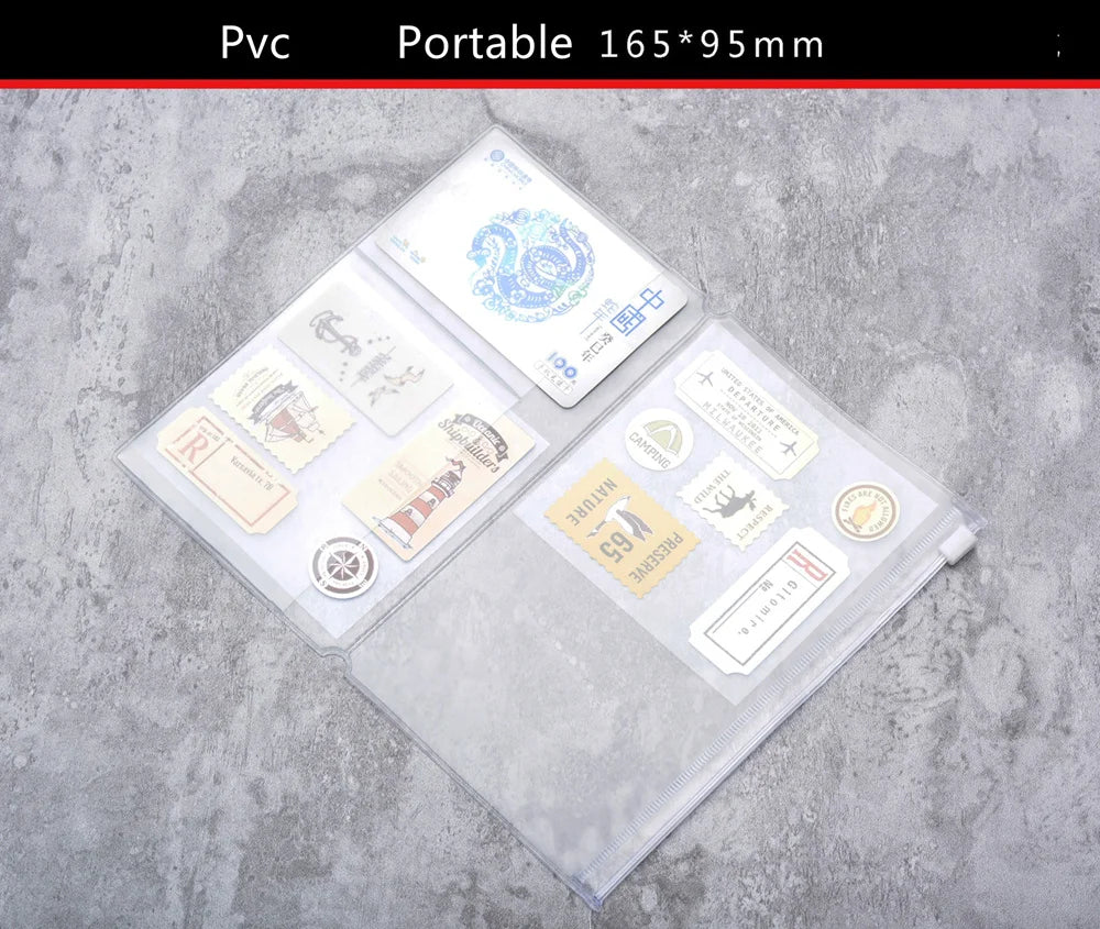 Traveler's Notebook PVC Storage Bag Pouch with Zipper Card Pocket Portable A5/Standard Size Passport Folder - 4 Sizes Available