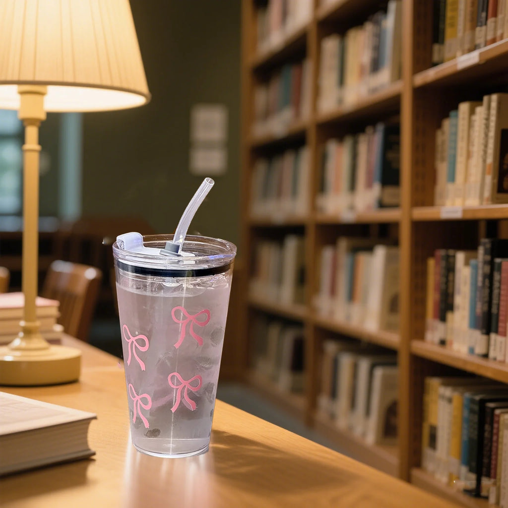 1/2/3pcs 450ml Pink Bow Plastic Cup With Straw And Lid Transparent Milk Coffee Drink Mug Household Travel Ins Water Drinking Cup
