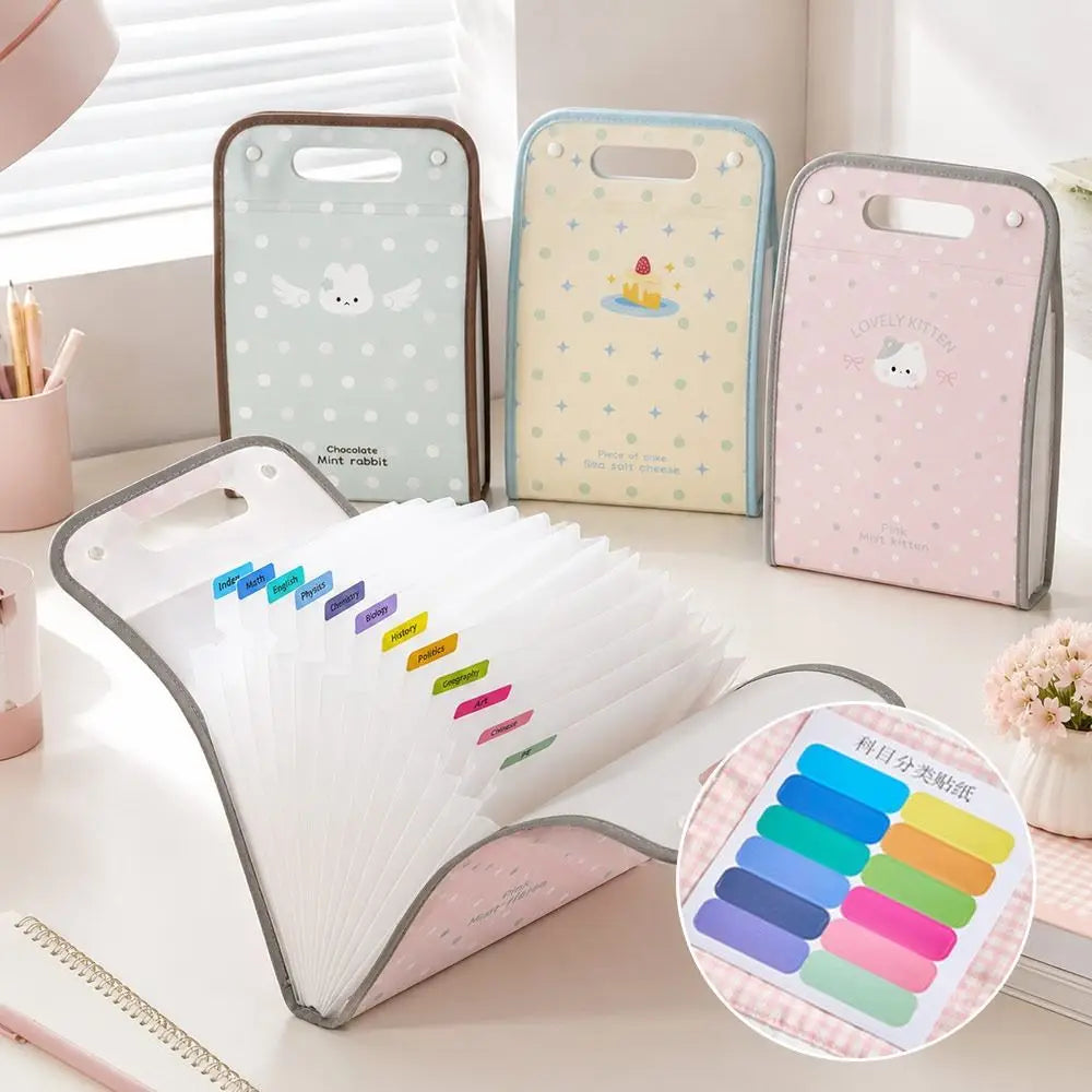 PP Accordion File Organizer Vertical Multi-Compartment Structure Expanding File Folder Portable Carry Handle Cute Pattern