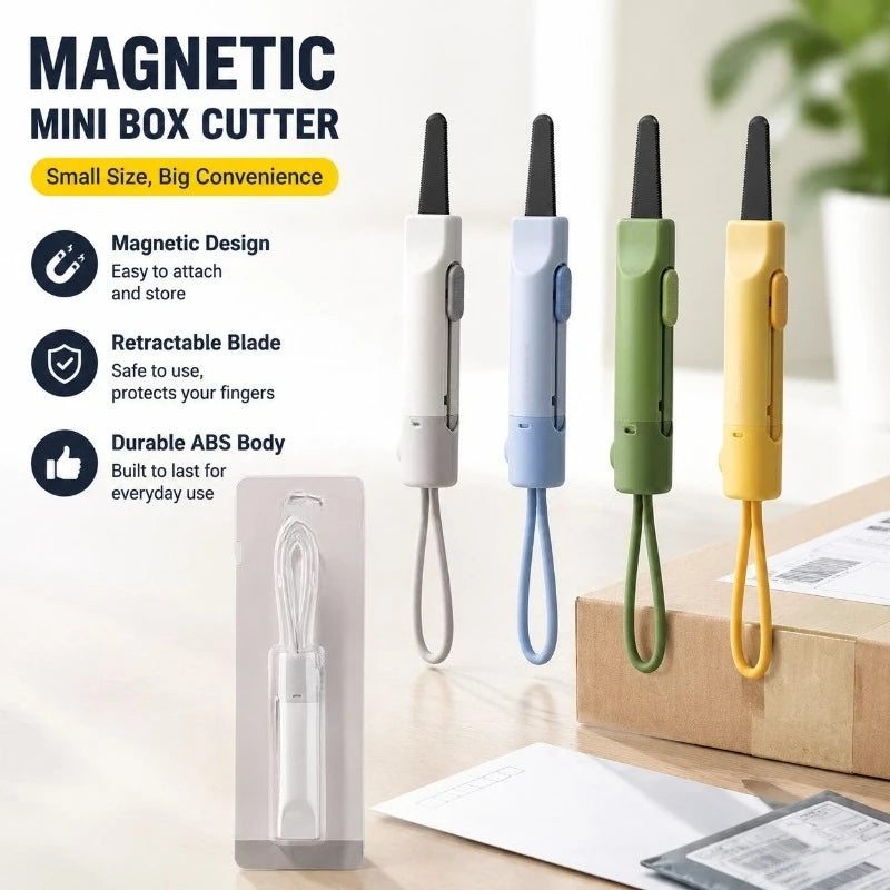 Magnetic Mini Box Cutter, Retractable Blade Paper & Letter Opener, Durable ABS for Office & Home Use