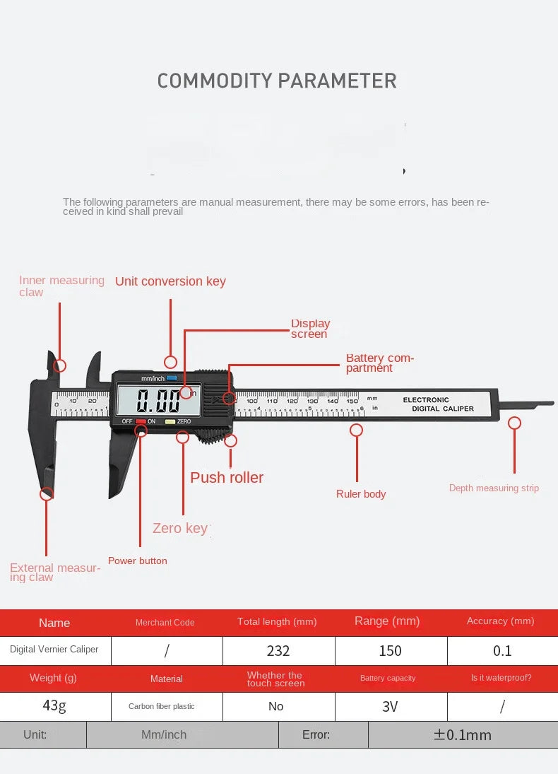 150mm 100mm Electronic Digital Caliper Carbon Fiber Dial Vernier Caliper Gauge Micrometer Measuring Tool Digital Ruler