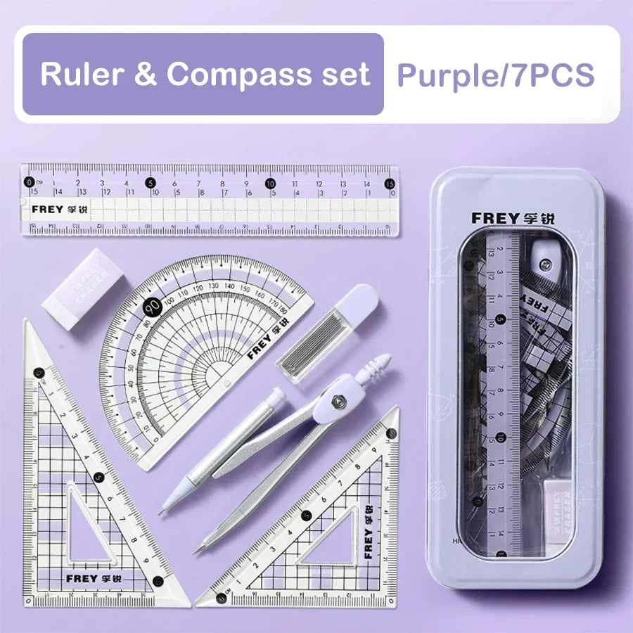 7Pcs Back to School Math Geometry Set Multi Function Drawing Tools with Compass Rulers for Students School Supplies Stationery