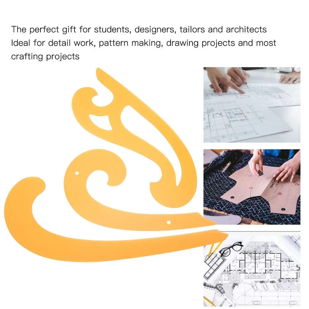3pcs Plastic French Curve Ruler Set Smooth Double-Beveled Edges Yellow Drafting Curve Templates Flexible Drawing Templates