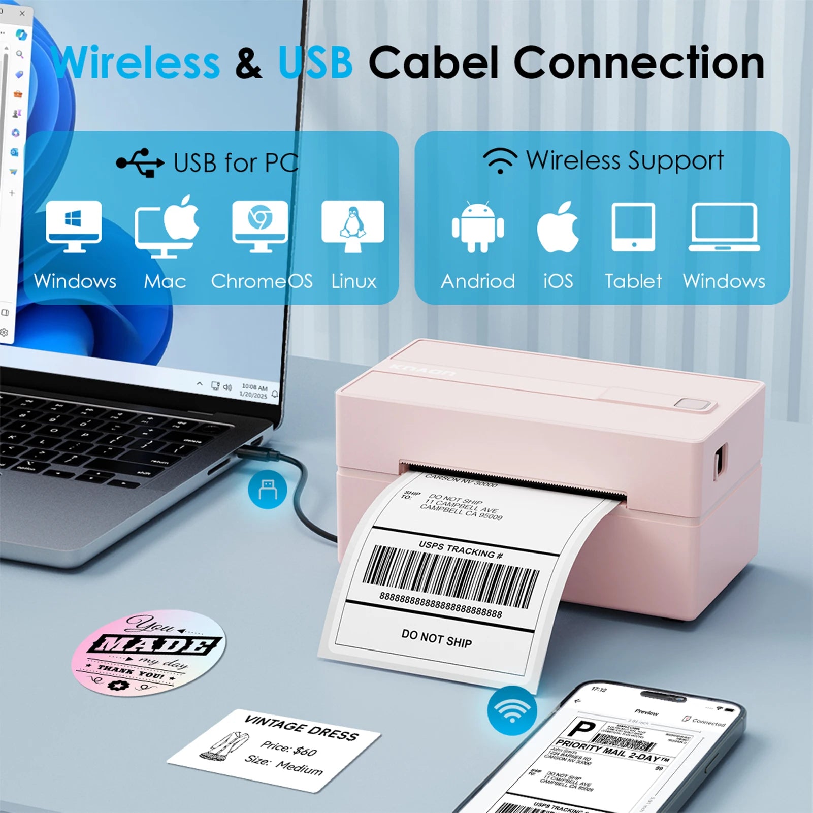 Thermal Label Printer -4x6 Shipping Label Printer for Small Business, Home Use - Compatible with Android, iPhone and Windows