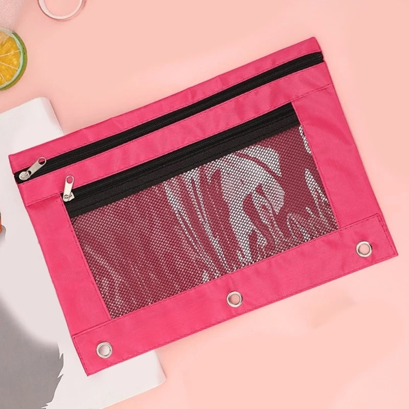 Double Zipper Pen Bag 3 Rings Binders Pencil Case File Bag Pencil Box For Erasers Rulers Markers Storage