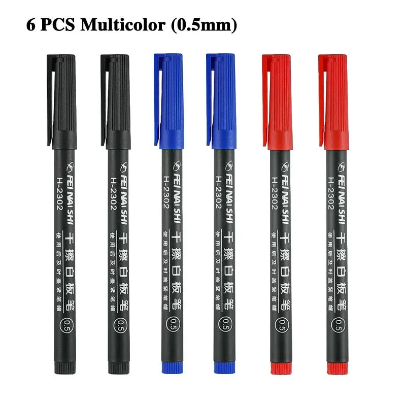 6 Pcs Erasable Whiteboard Pen 0.5/1.0mm Fine Point Black/Blue/Red Ink Blackboard Marker School Office Art Writing Stationery