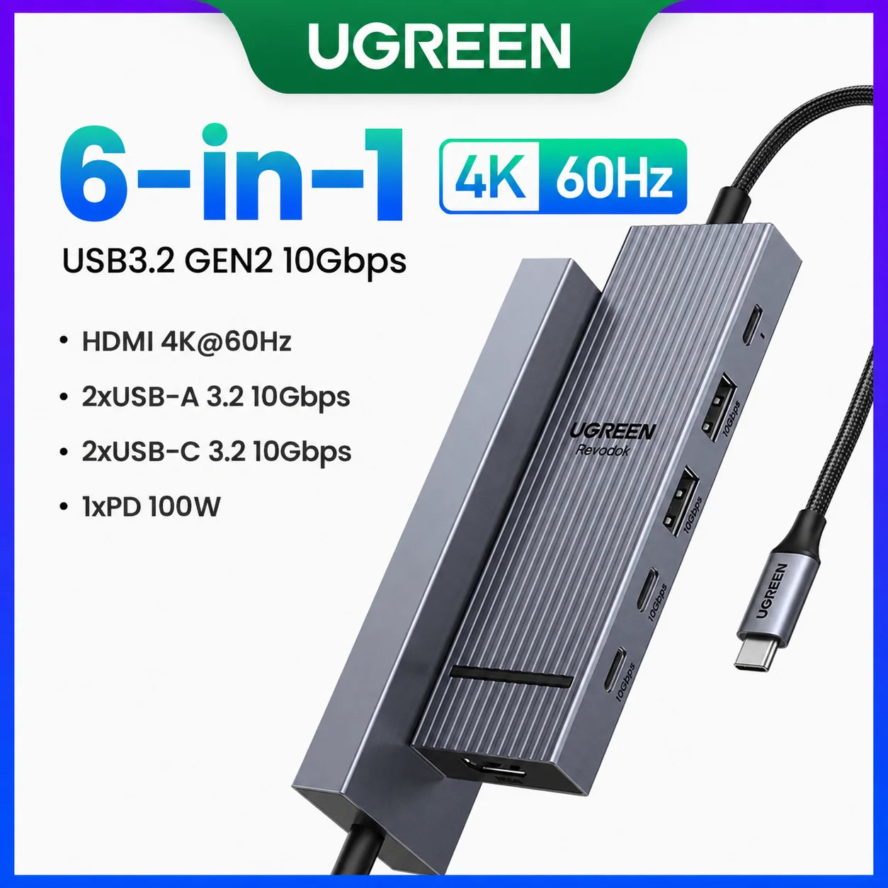 UGREEN 10Gbps USB C HUB 4K60Hz Type-C to HDMI RJ45 PD100W SD&TF USB Adapter for Macbook iPad Samsung Laptop Accessories Docking