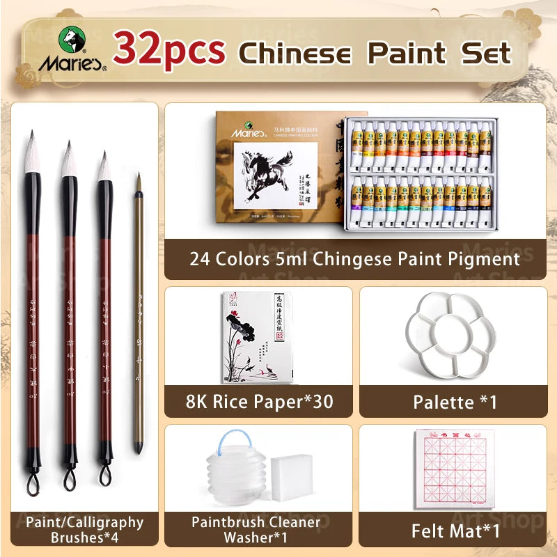 Marie's Chinese Paint Pigment Set,12/18/24/36 Colors 5ml/0.17oz Sumi Watercolor with 8pcs Art Tools for Landscape,Ink,Writing